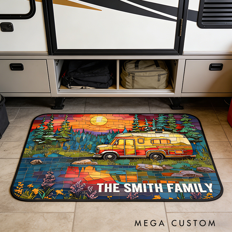 Personalized Family Camper Rug Custom Rustic Moonlit Forest Camper Rug Outdoors Camping Rug Family Gift for Adventure