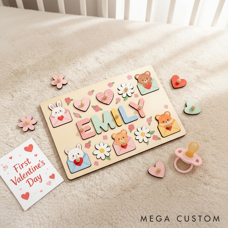 Personalized Wooden Name Puzzle for Kids Montessori Valentine's Gift with Custom Wooden Letters and Adorable Design Toddler Learning Toy