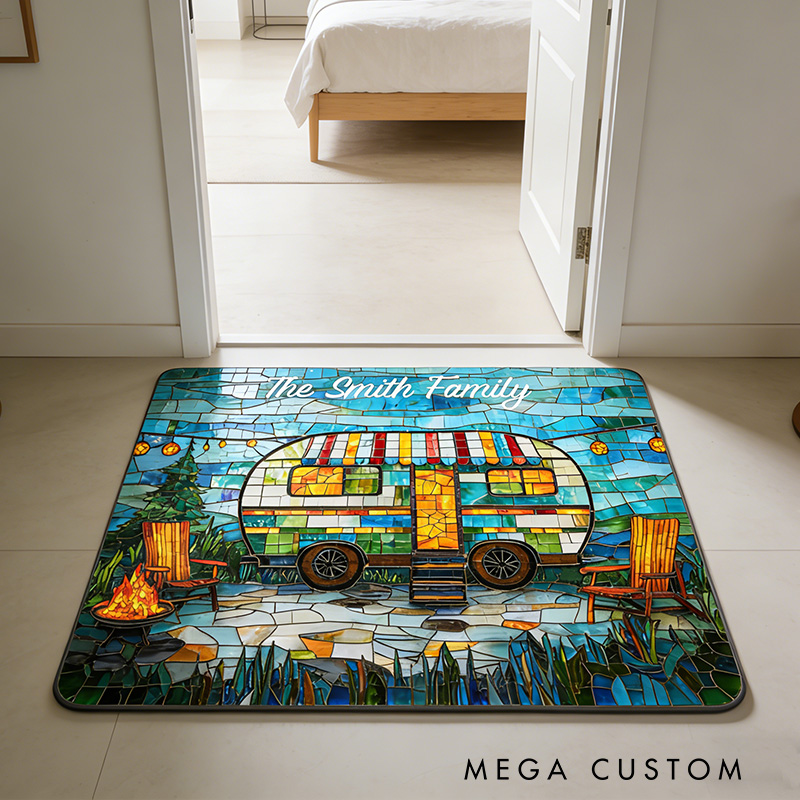 Personalized Stained Camper Rug Rv Life Rug Family Camper Rug Decor Gift for Outdoor Lovers