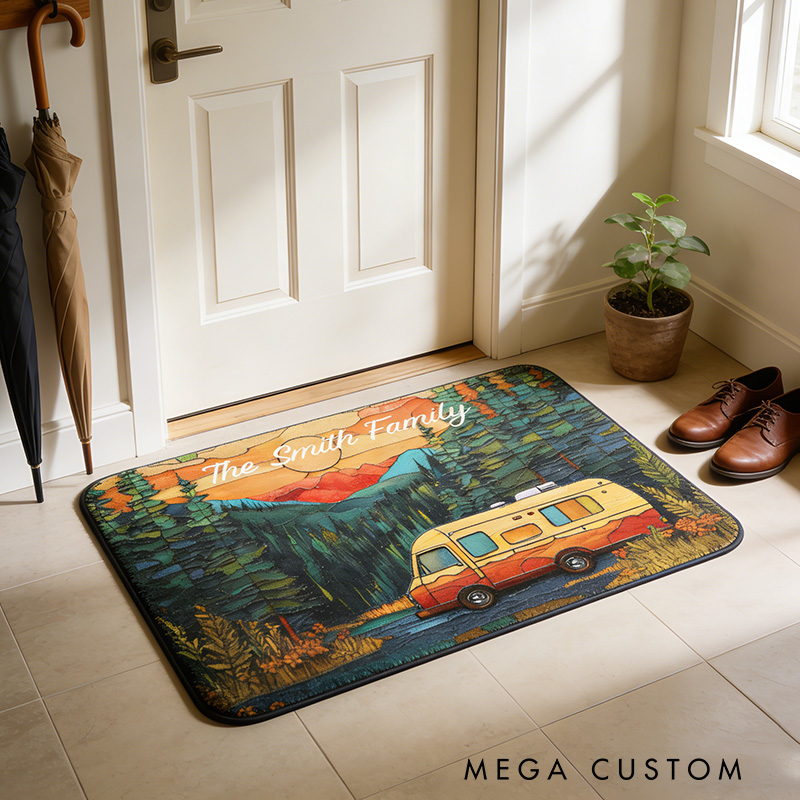 Personalized Scenic Camper Van Rug Stained Camper Rug Decor Family Outdoors Camping Rug Gift for Camping Lover