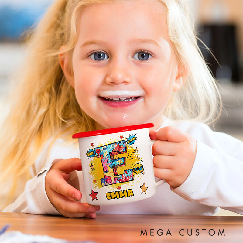 Personalized Comic Initial 12oz Enamel Mug with Initial and Name Back to School Birthday Easter Gift for Kids