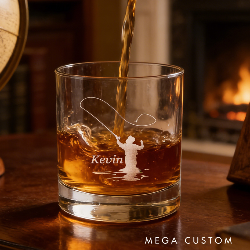 Personalized Fishing Whiskey Glass Fly Fisherman Whiskey Glass Outdoor Fishing Gift for Husband Him