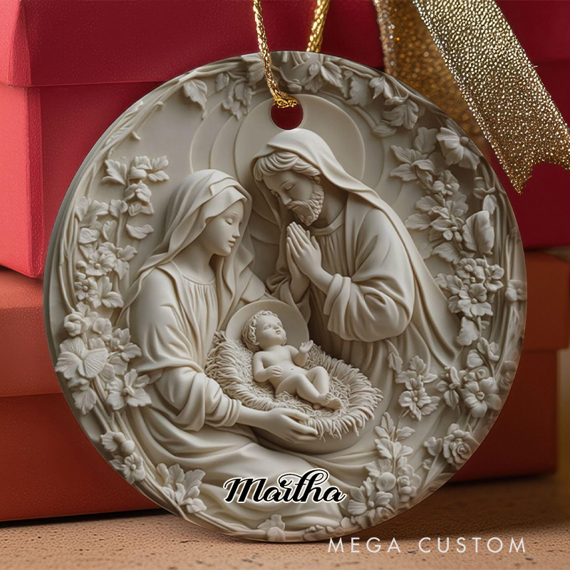 Personalized Nativity Ceramic Christmas Ornament for Christmas with Custom Name Religious Home Décor Faux 3D Holy Family Keepsake Christian Gift