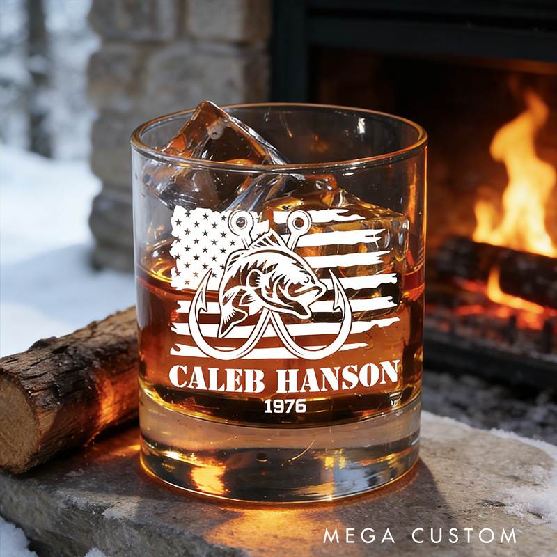 Patriotic Fishing Whiskey Glass Fisherman Outdoors Whiskey Glasses Fishing Gifts for Man Husband