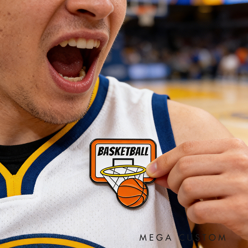 Personalized Basketball Themed Pins Featuring Basketball Hoops and Crowns