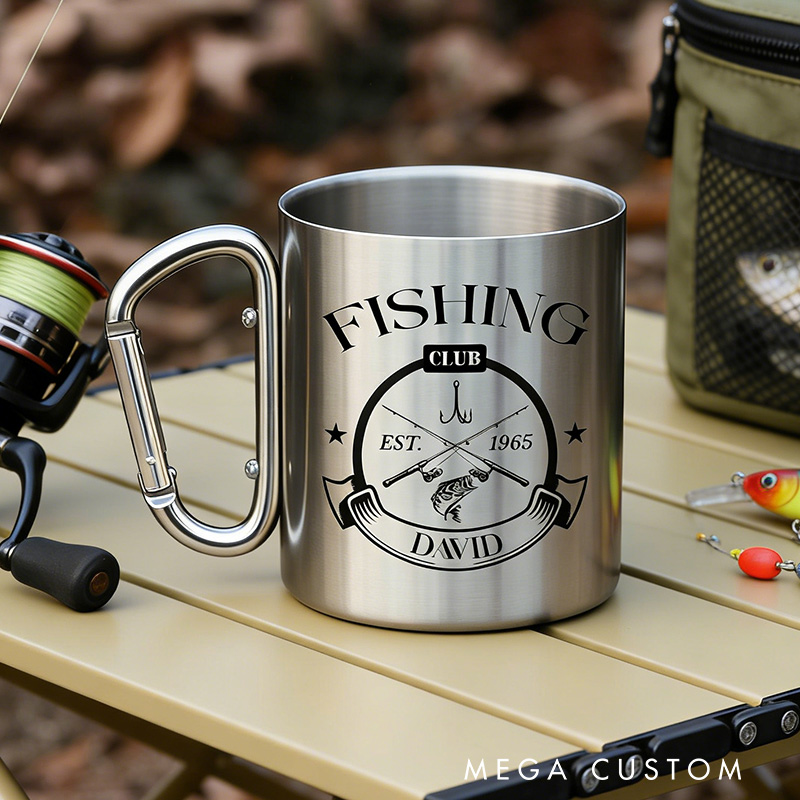 Personalized Fishing Mug Custom Stainless Steel Carabiner Cup Camping Mug Nature Coffee Mug Fishing Gift for Dad Husband