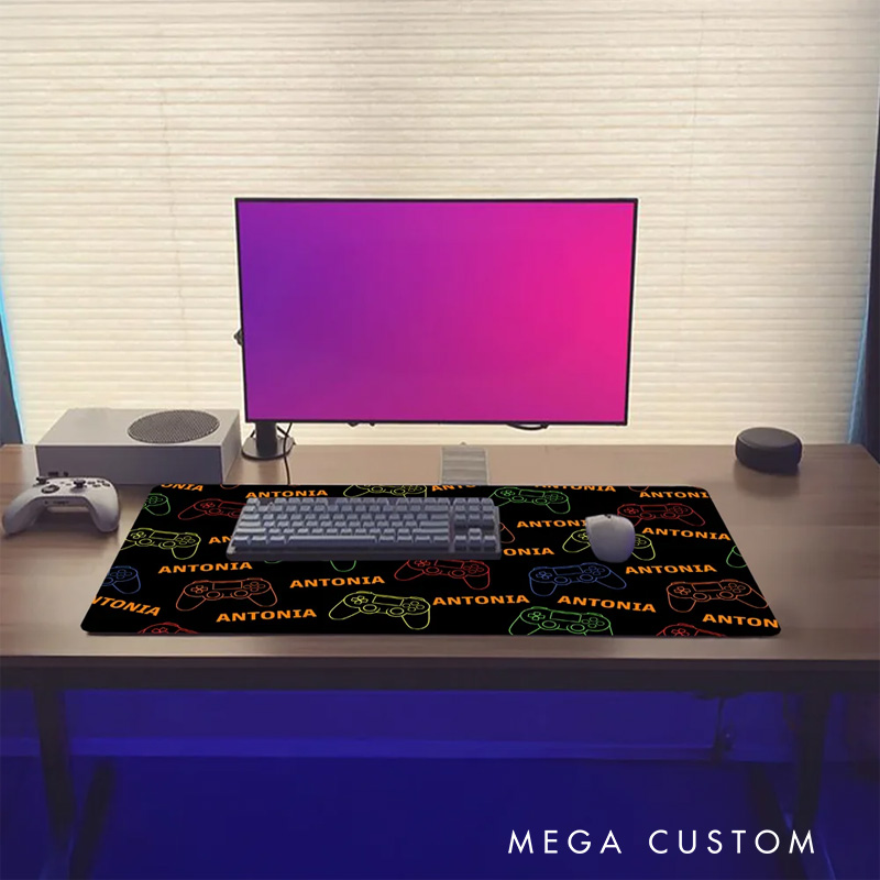 Personalized Neon Gamepad Design Non-Slip Large-Size Mouse Pad Desk Mat with Name Birthday Gift for Game Lover Students Colleagues Friends