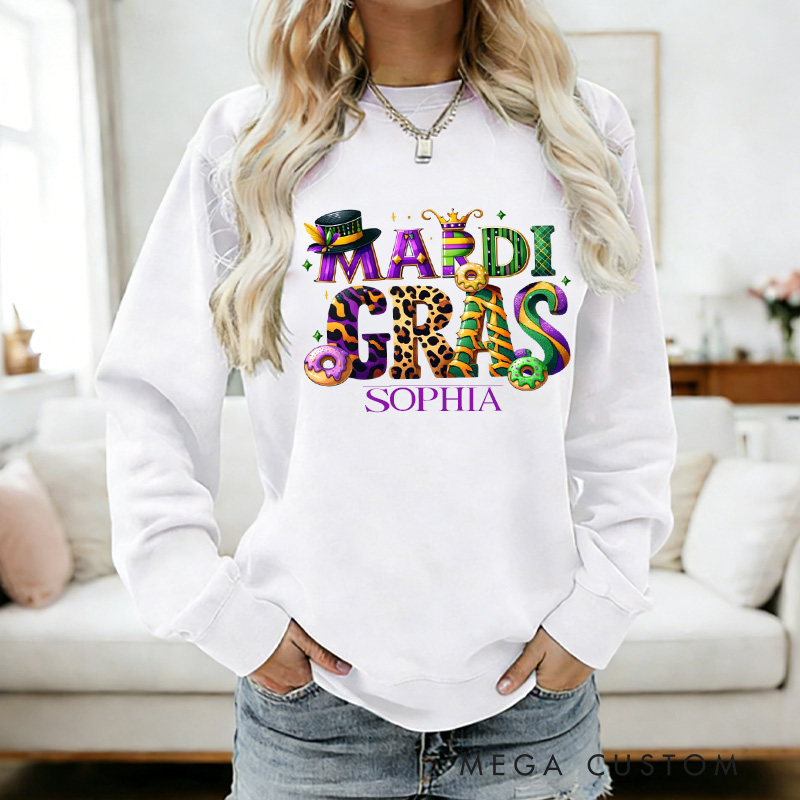 Personalized Mardi Gras Donut Sweatshirt with Name Retro King Cake Sweatshirt Carnival Coquette Shirt Gift for Baking Lover Him Her