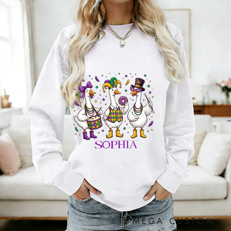 Personalized Mardi Gras Goose Sublimation Sweatshirt with Name Donut Goose Sweatshirt Carnival Coquette Shirt Gift for Baking Lover Him Her
