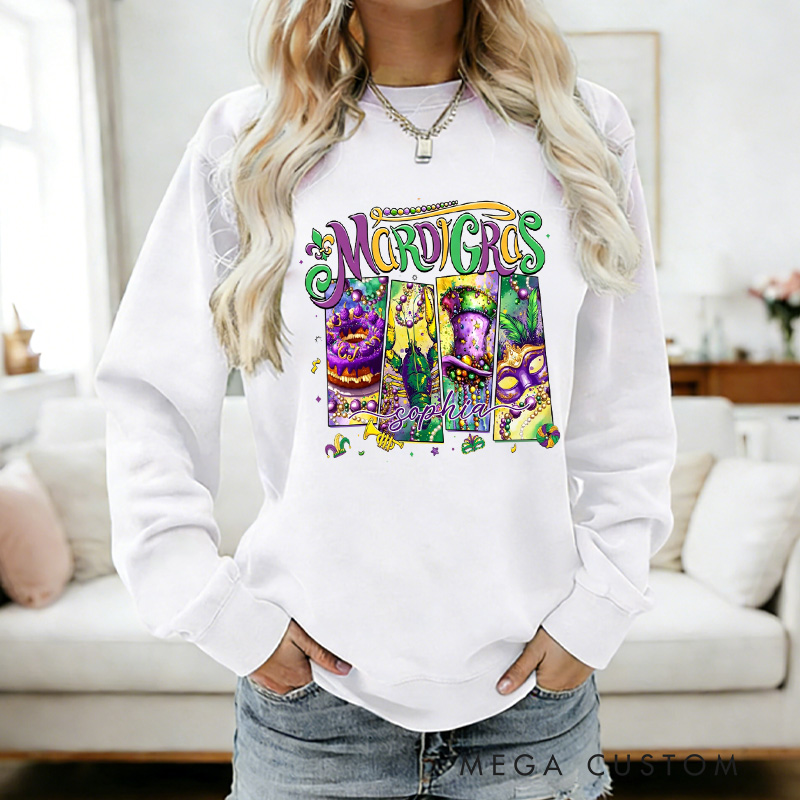 Personalized Mardi Gras Donut Sublimation Sweatshirt with Name King Cake Sweatshirt Carnival Coquette Shirt Gift for Baking Lover Him Her