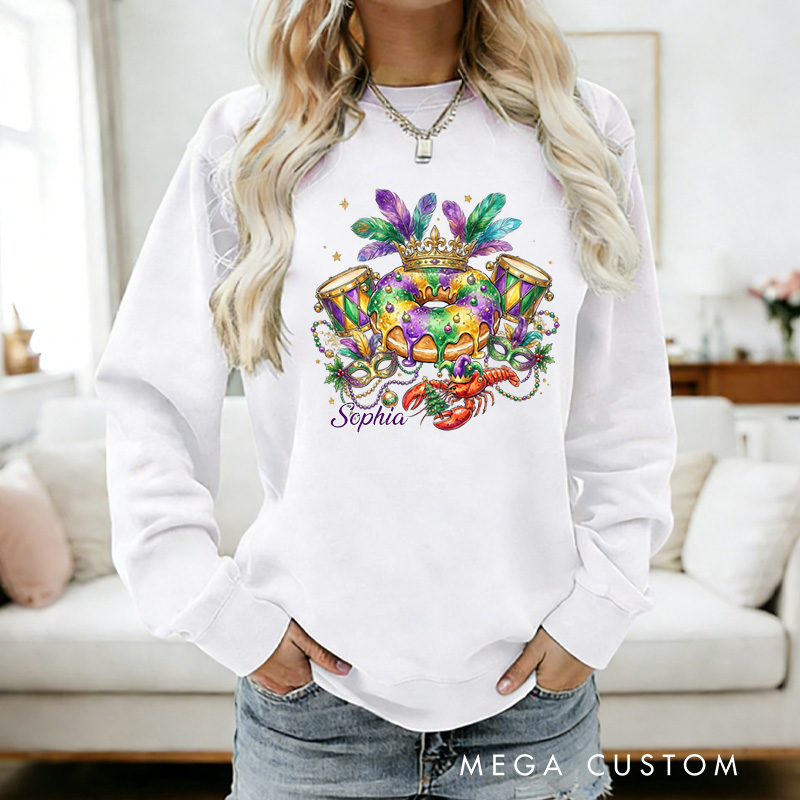 Personalized Mardi Gras King Cake Sweatshirt with Name Louisiana Carnival Graphic Sweatshirt Fat Tuesday Shirt Gift for Baking Lover Him Her Cake Lover
