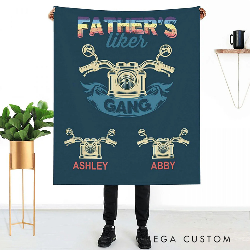 Personalized Biker Gifts Custom Motorcycle Gang Fleece Blanket with Kids Names Fathers Day Gift for Dad Family Motorcycle Lovers