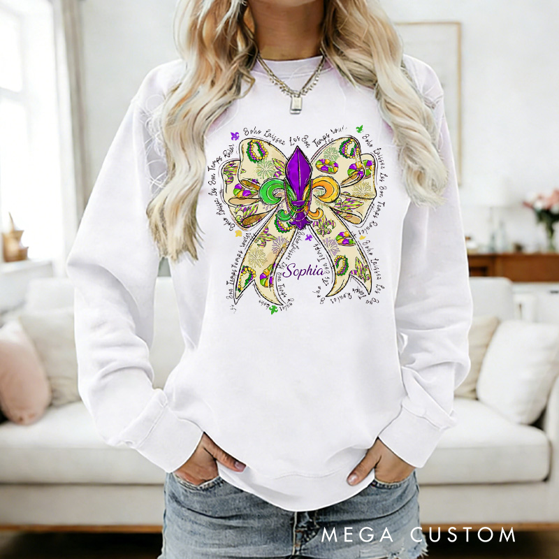 Personalized Mardi Gras Donut Bow Sweatshirt with Name Louisiana King Cake Sweatshirt Fat Tuesday Shirt Gift for Baking Lover Him Her Cake Lover