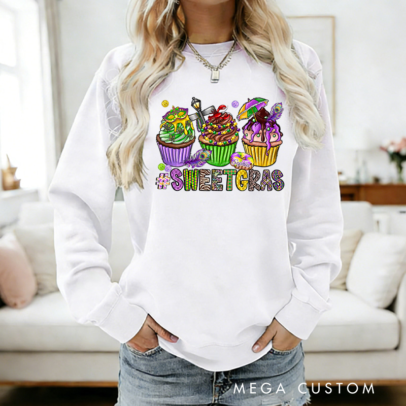 Personalized Sweet Mardi Gras Sweatshirt with Name Mardi Gras Cupcake Sweatshirt Fat Tuesday Shirt Gift for Baking Lover Him Her Cake Lover