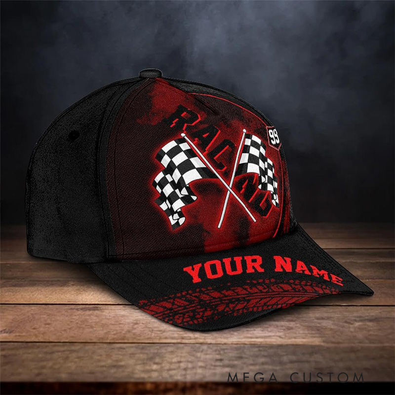Personalized Racing Gifts Custom Name and Number Checkered Flag Cap Classic Racer Baseball Hat for Men and Women