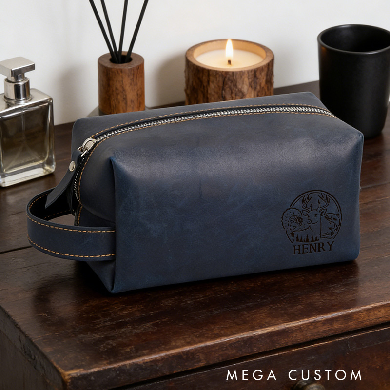 Personalized Custom Names Hunting Leather Toiletry Bag Custom Deer Hunter Dopp Kits Gift for Hunting Husband Dad