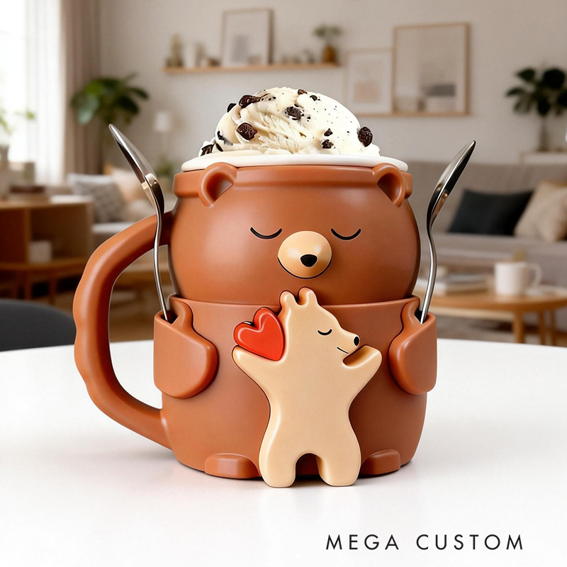 Personalized Adorable Bear Ice Cream Cozy Pint Holder 3D Printed with Spoon Slots & Snack Drawer for Mom Kids