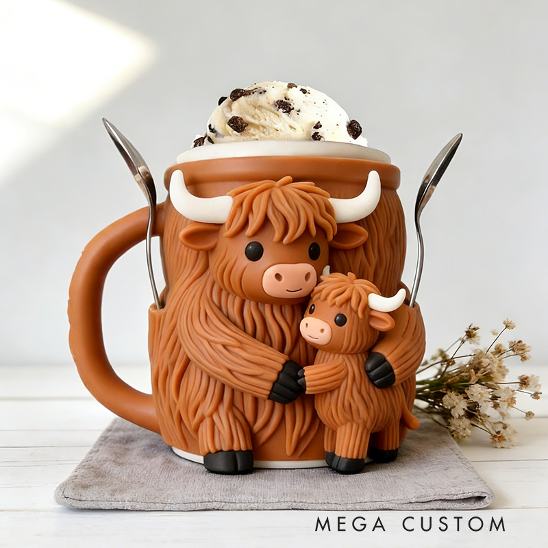 Personalized Adorable Highland Cow Ice Cream Cozy Pint Holder 3D Printed with Spoon Slots for Mom Kids