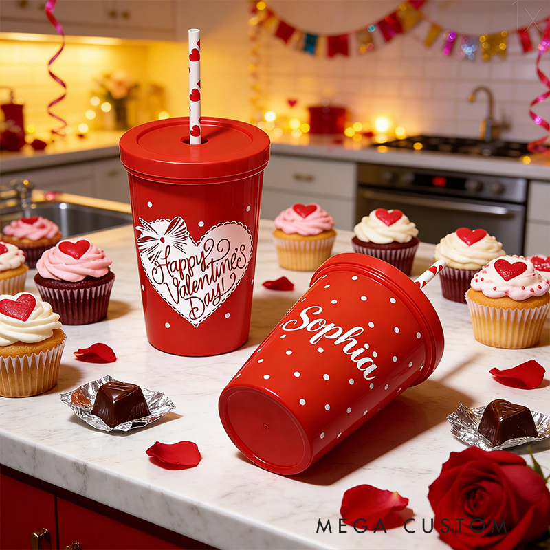 Kids' Valentine's Day Personalized Name Party Cups Polka Dot and Heart Design Celebrate and Share Love