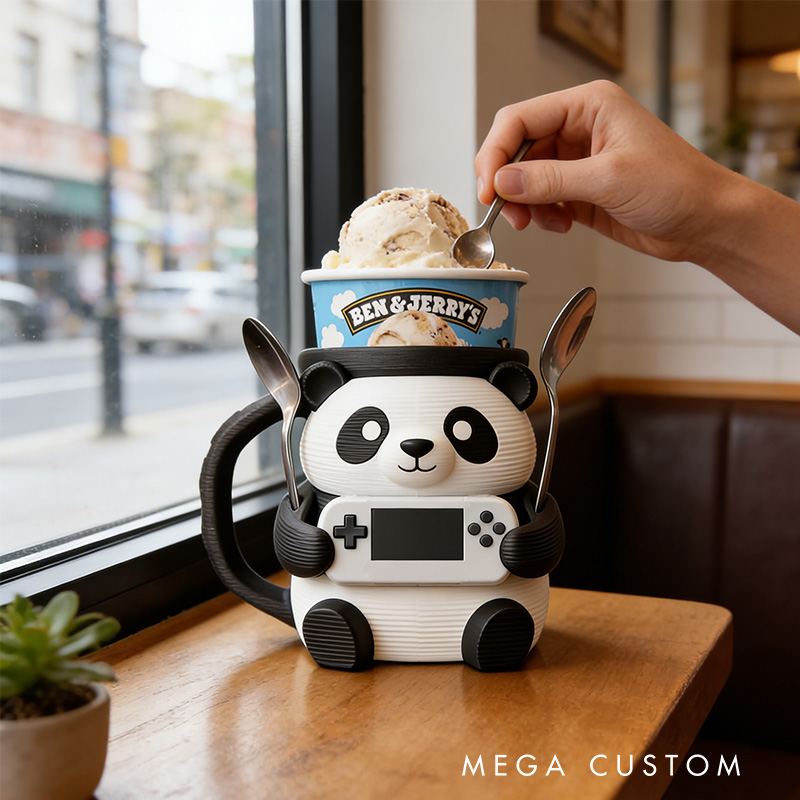 Personalized Cute Panda Gamer Ice Cream Pint Holder with Spoon Slots Eco-Friendly 3D Print for Game Lovers