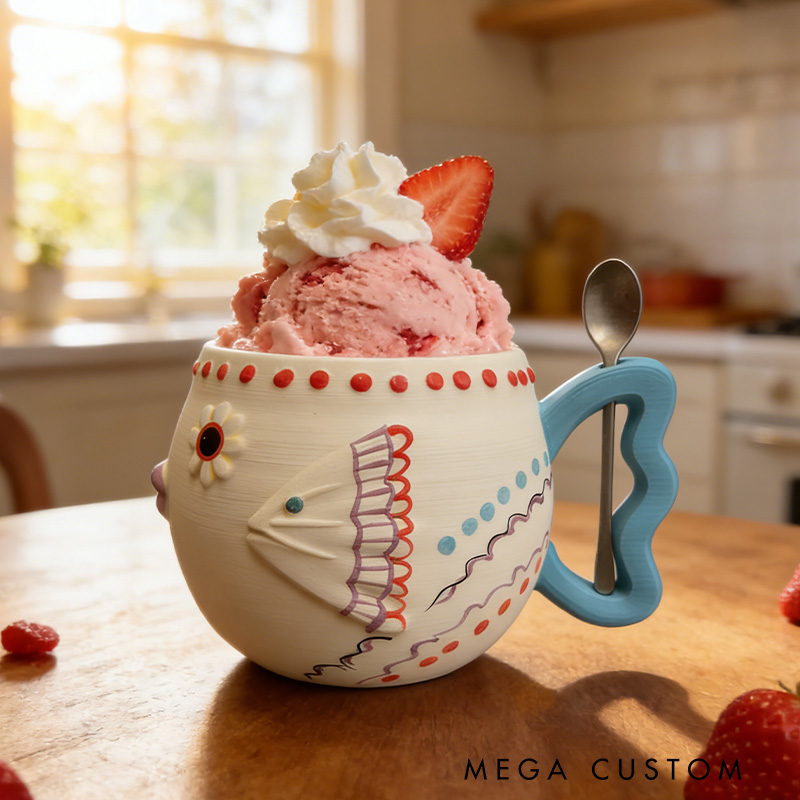 Personalized 3D Printed Whimsical Fish-Shaped Ice Cream Pint Holder Gift for Kid Fishing Lover