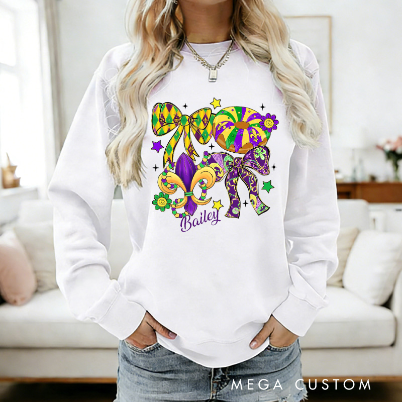 Personalized Mardi Gras Coquette Sweatshirt with Name Preppy Bow King Cake Coquette Sweatshirt Fat Tuesday Shirt Gift for Baking Lover Her Cake Lover