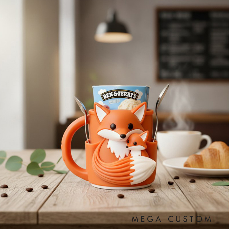 Personalized Adorable Fox Ice Cream Cozy Pint Holder 3D Printed with Spoon Slots for Mom Kids Ice Cream Lover