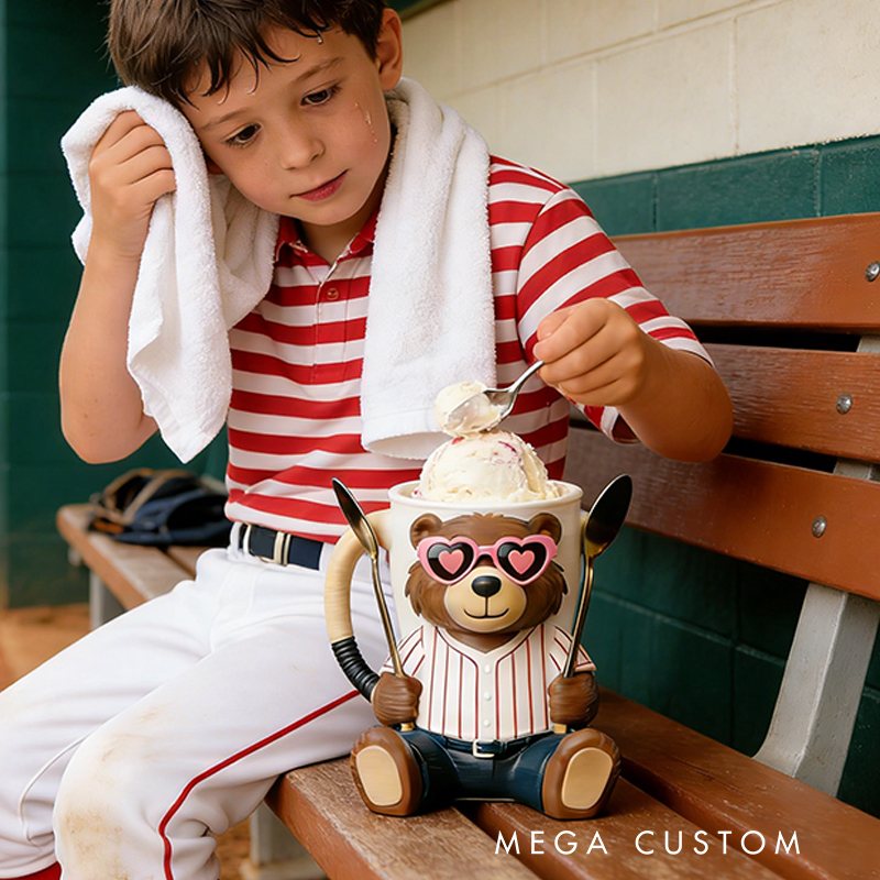 Personalized Baseball Mascot Bear Ice Cream Pint Holder with Adorable Heart Sunglasses 3D Printed with Spoon Slots & Snack Drawer for Baseball and Ice Cream Enthusiasts