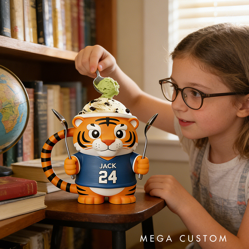 Personalized Tiger Baseball Mascot Ice Cream Pint Holder 3D Printed with Spoon Slots & Snack Drawer Custom Detail for Kids and Baseball Enthusiasts