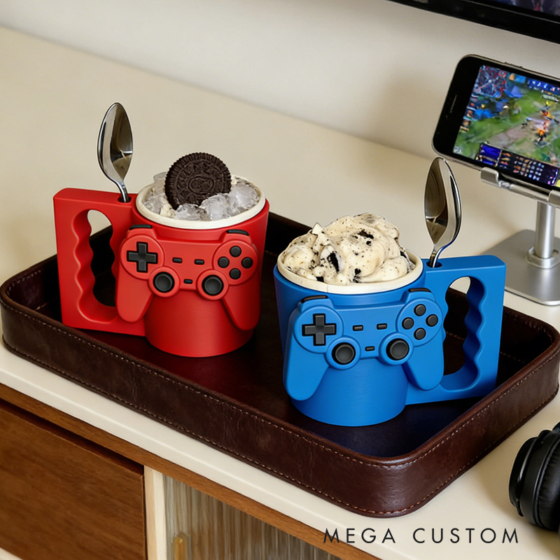 Personalized Couple Controller Gamer Ice Cream Pint Holder with Spoon Slots Eco-Friendly 3D Print for Game Lovers