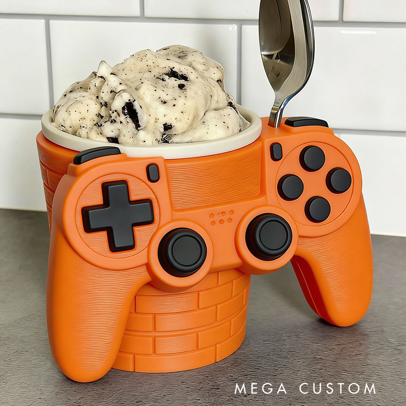 Personalized Game Controller Gamer Ice Cream Pint Holder with Spoon Slots Eco-Friendly 3D Print for Game Lovers