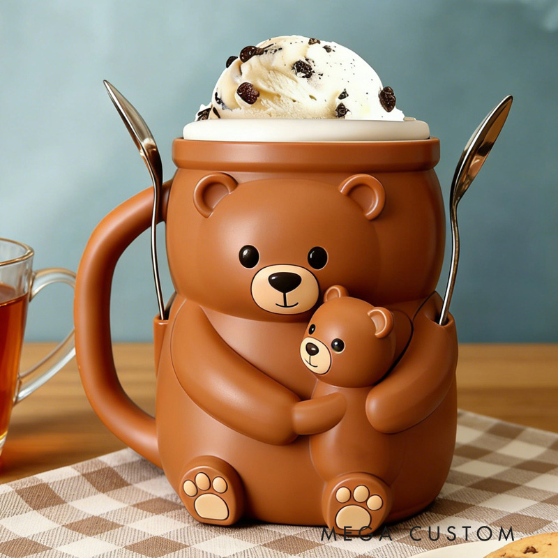 Personalized Adorable Bear Ice Cream Cozy Pint Holder 3D Printed with Spoon Slots & Snack Drawer for Mom Kids Ice Cream Lover