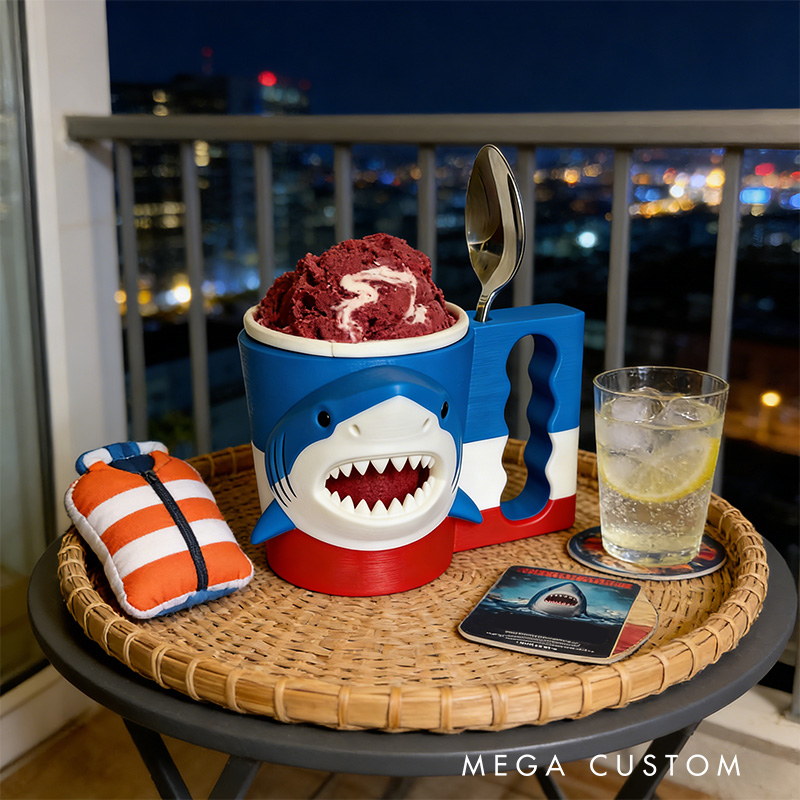 Personalized Shark Movie Ice Cream Pint Holder with Spoon Slots Eco-Friendly 3D Print for Movie Lovers