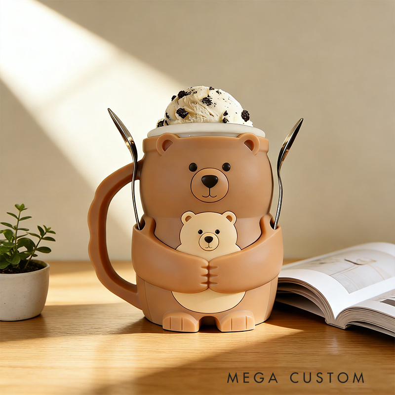 Personalized Adorable Bear Ice Cream Cozy Pint Holder 3D Printed with Spoon Slots & Snack Drawer for Mom Kids