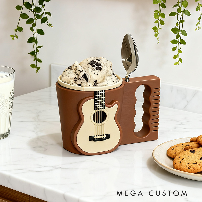Personalized Guitar Music Ice Cream Pint Holder with Spoon Slots Eco-Friendly 3D Print for Music Lovers