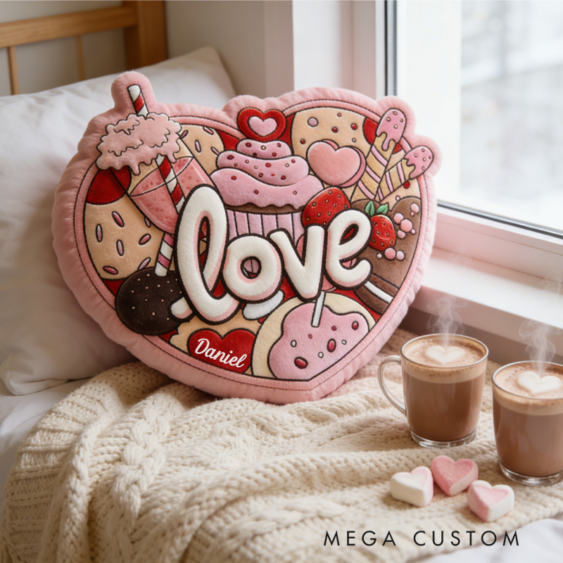 Personalized Cupcake Heart Shape Throw Pillow Graphic 3D Print Baking Heart Pillow with Name for Boyfriend Girlfriend Baking Lover Valentines Gift