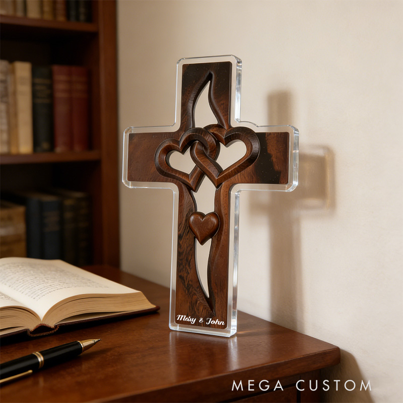 Personalized Cross with Double Hearts Acrylic Plaque with Custom Names Wood Grain Art Plaque Desktop Decor Wedding Gift Religious Gift for Couple