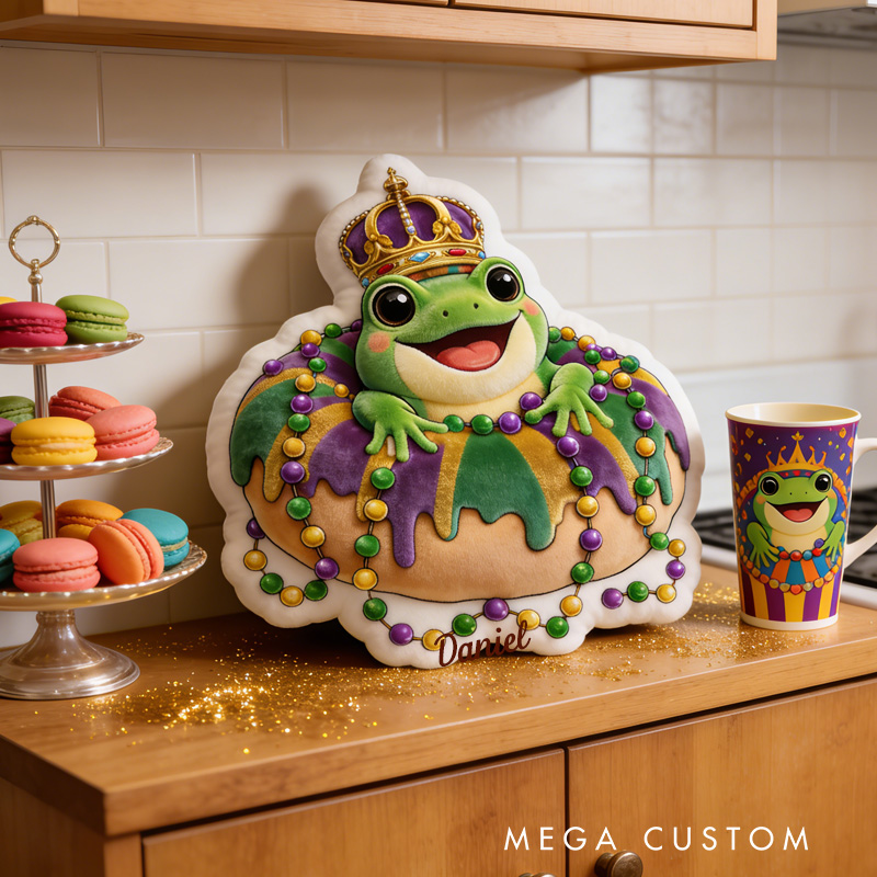 Personalized Mardi Gras Donut Frog Crown Throw Pillow Graphic 3D King Cake Animal Pillow with Name for Kids Baking Lover Mardi Gras Gift