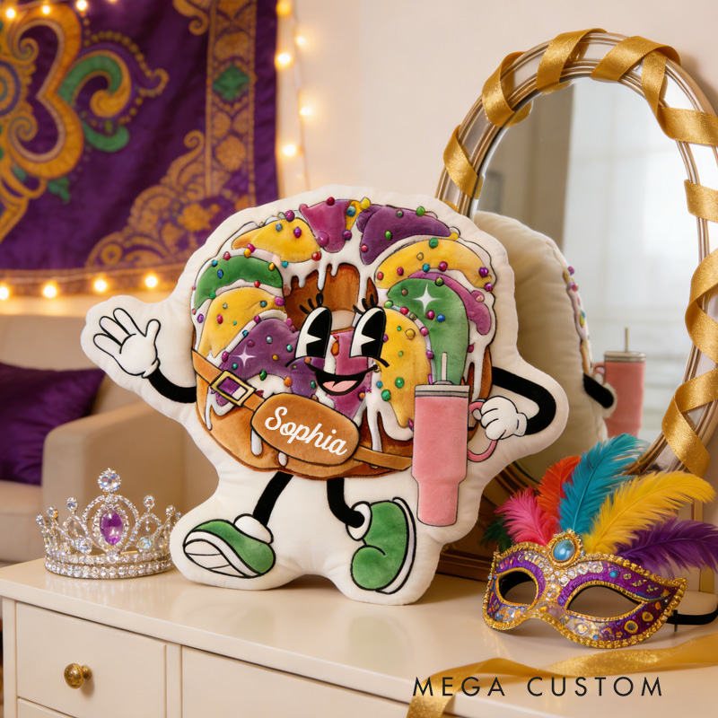 Personalized King Cake Mardi Gras Throw Pillow Graphic 3D Print Donut with Tumbler Pillow with Name for Kids Book Lover Mardi Gras Gift