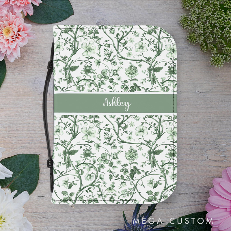 Personalized Floral PU Leather Bible Cover Case with Custom Name and Carry Handle Elegant Toile Design Religious Birthday Gift for Christian Women