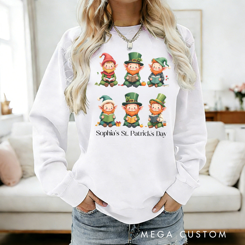 Personalized Book Lover Leprechaun Sweatshirt St Patricks Reading Sweatshirt with Name St. Patrick's Day Gift for Book Lover Reader Girlfriend Wife Librarian