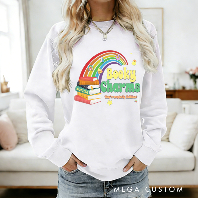 Personalized Booky Charms Sweatshirt Retro Bookish Sweatshirt with Name St. Patrick's Day Gift for Book Lover Reader Girlfriend Wife Librarian