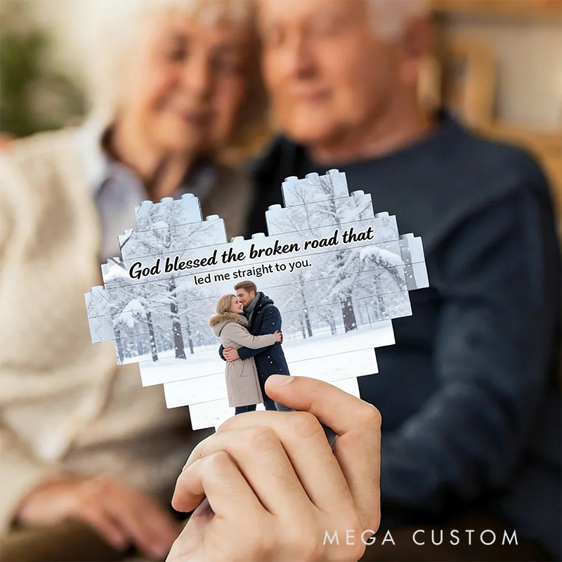 Personalized God Blessed the Broken Road Heart-Shaped Photo Building Brick Puzzles with Custom Name and Year Valentine's Day Religious Gift for Couple