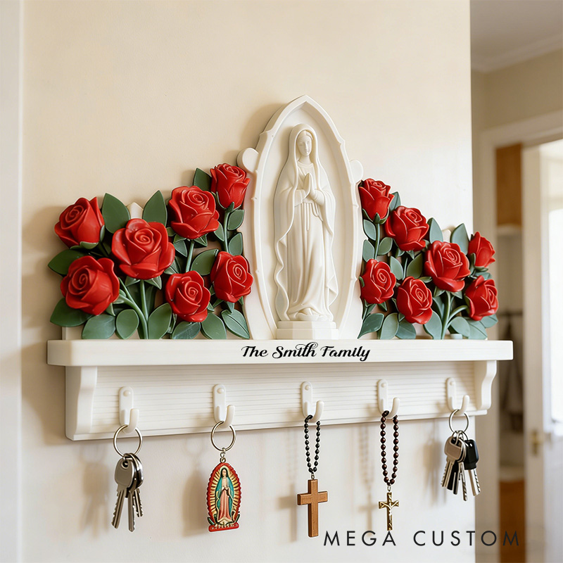 Personalized Our Lady Of Guadalupe Custom Shaped Hanging Rack with Custom Family Name Home Decor Wall Art Key Hanger Religious Gift Catholic Gift 