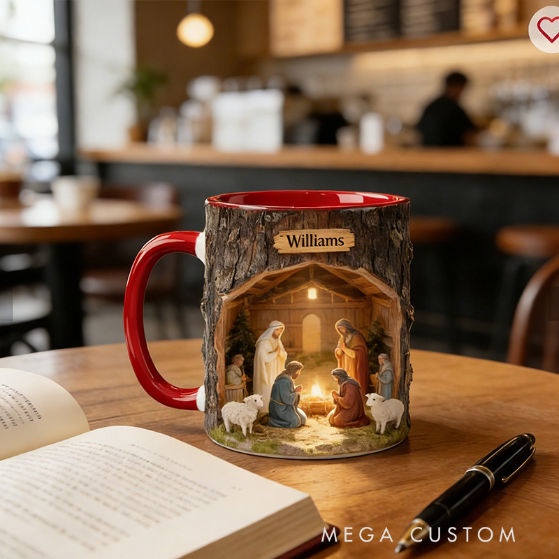 Personalized Nativity Scene 11oz Ceramic Mug with Custom Name Wood Textured Coffee Mug Religious Christian Gift Christmas Gift