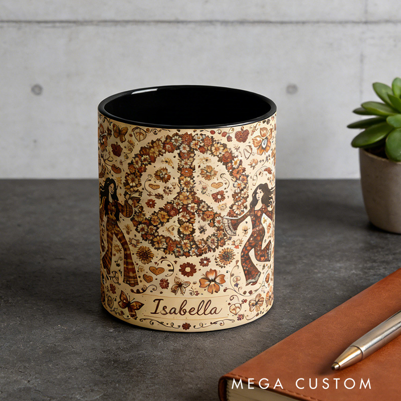 Personalized Hippie Time Music Mug Custom Name Colorful Hippie Car Hippie Coffee Mug Bohemian Coffee Mug