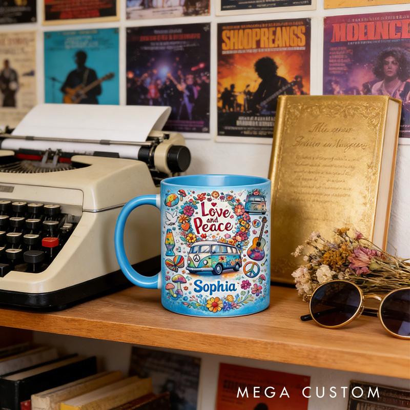 Personalized Hippie Guitar Music Mug Custom Name Colorful Hippie Car Hippie Coffee Mug Bohemian Coffee Mug