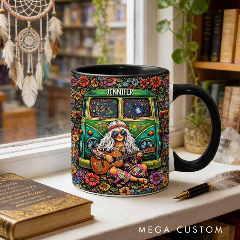 Personalized Flora Hippie Guitar Girl Music Mug Custom Name Colorful Hippie Car Hippie Coffee Mug Bohemian Coffee Mug