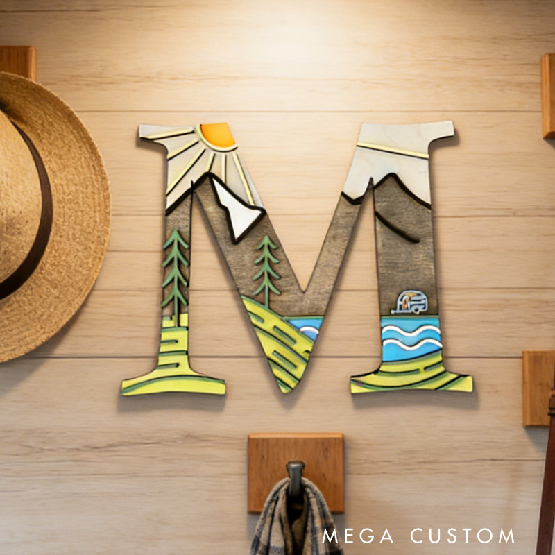 Personalized Monogram Camping Rv Life 3D Wall Decor Home Away from Home Decor Camping Decor Camper or Tent Mountain and Lake Design