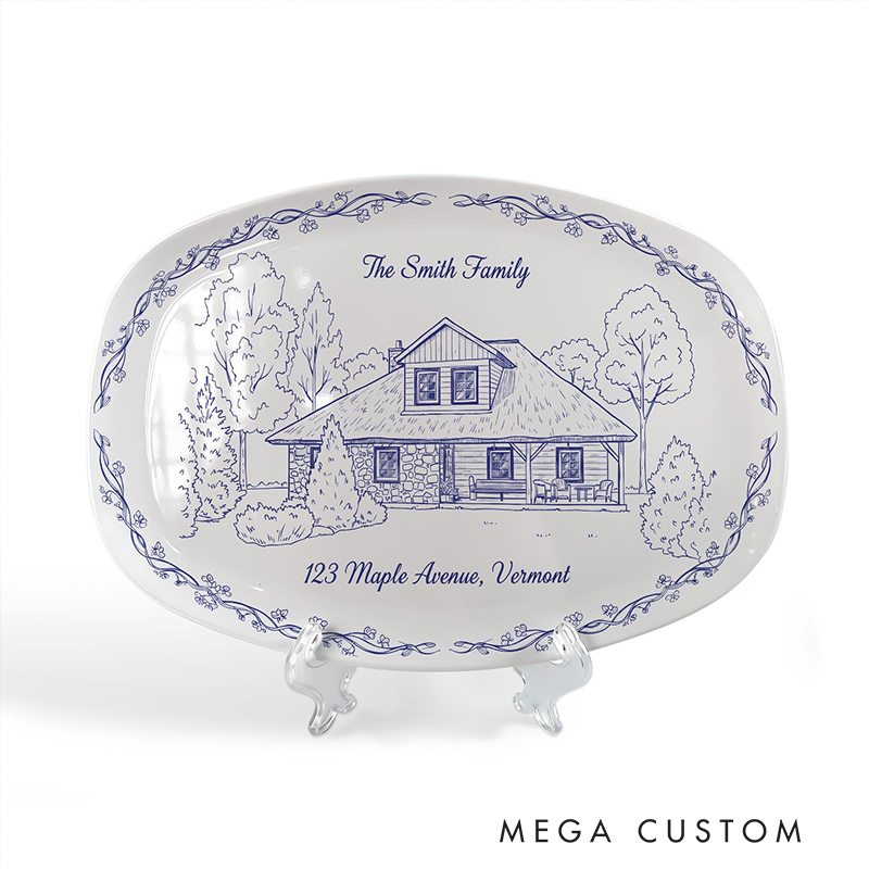 Personalized House Photo Platter Custom Chinoiserie Style Decor Plate New Home Gift Family Gift Housewarimg Gift 